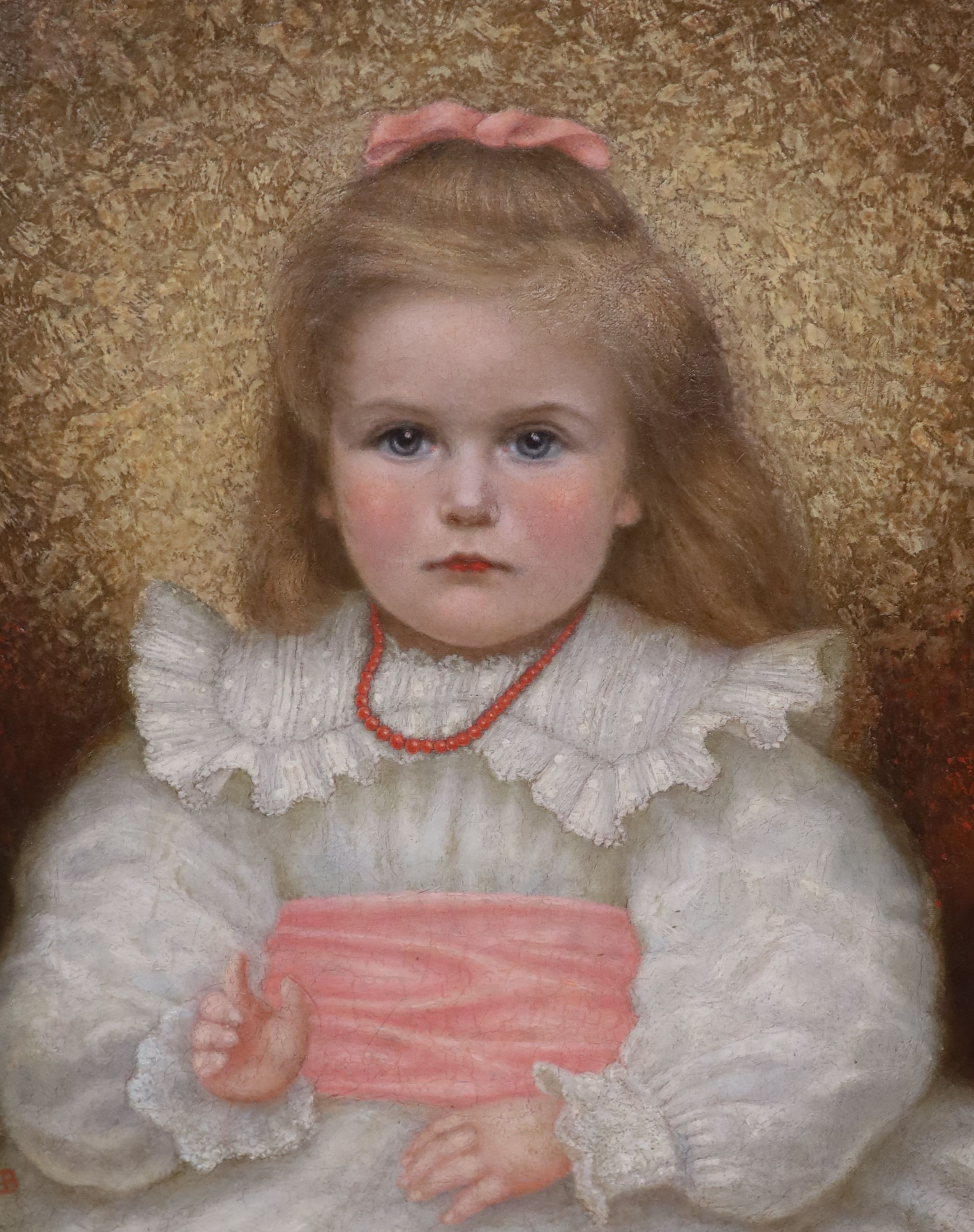 E.B. circa 1900, Portrait of a girl wearing a pink bow, oil on canvas, 43 x 35cm